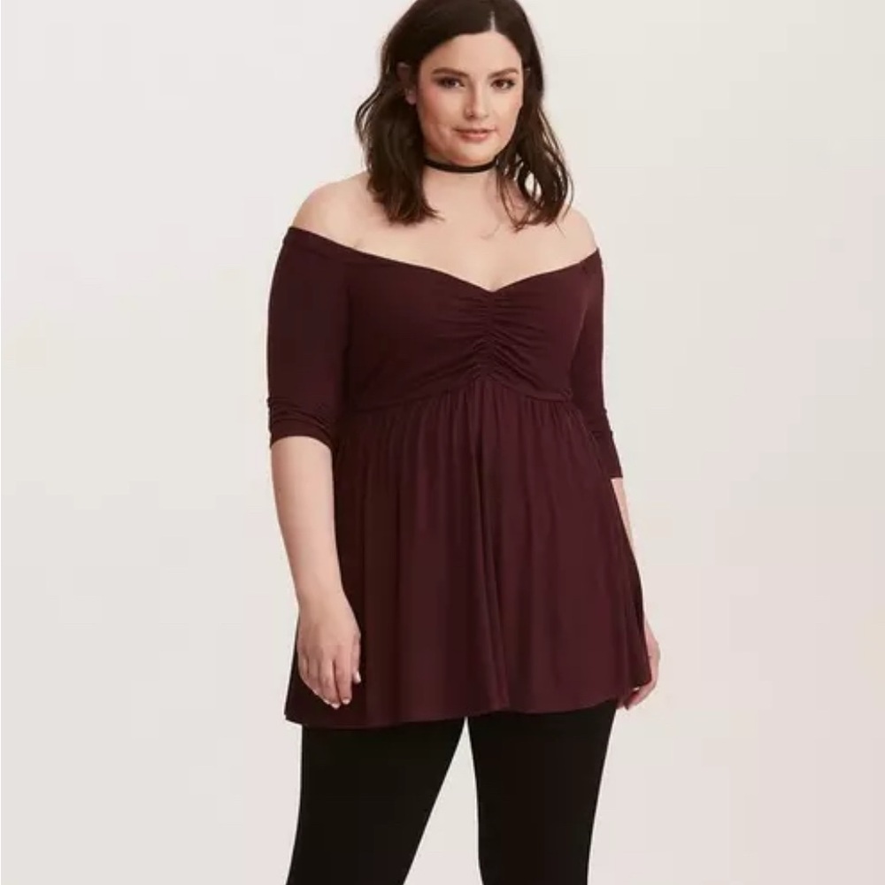 torrid Off-Shoulder Ruched Empire Waist Top in Burgundy